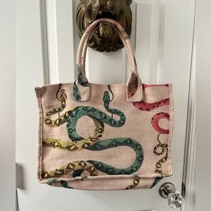 Vince Camuto Pink Canvas Tote with Multicolor Snake Print